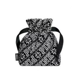Victoria's Secret PINK Black White Logo Snowflake Small Pouch Bag Drawstring NWT